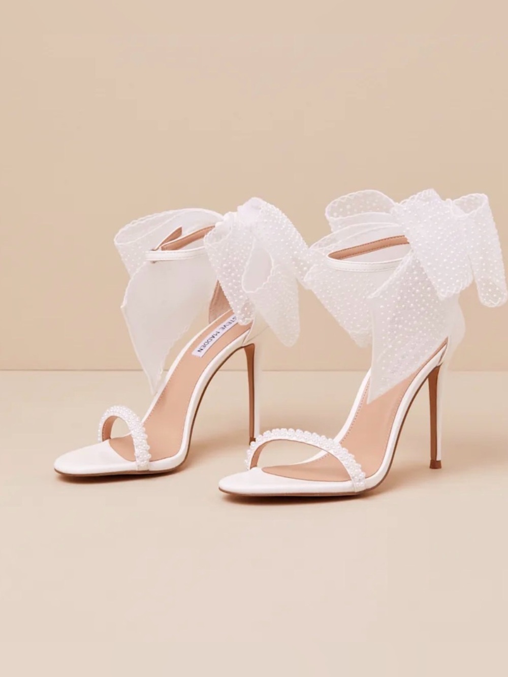 Steve Madden Benni White Pearl Bow High Heel Ankle Strap Sandals